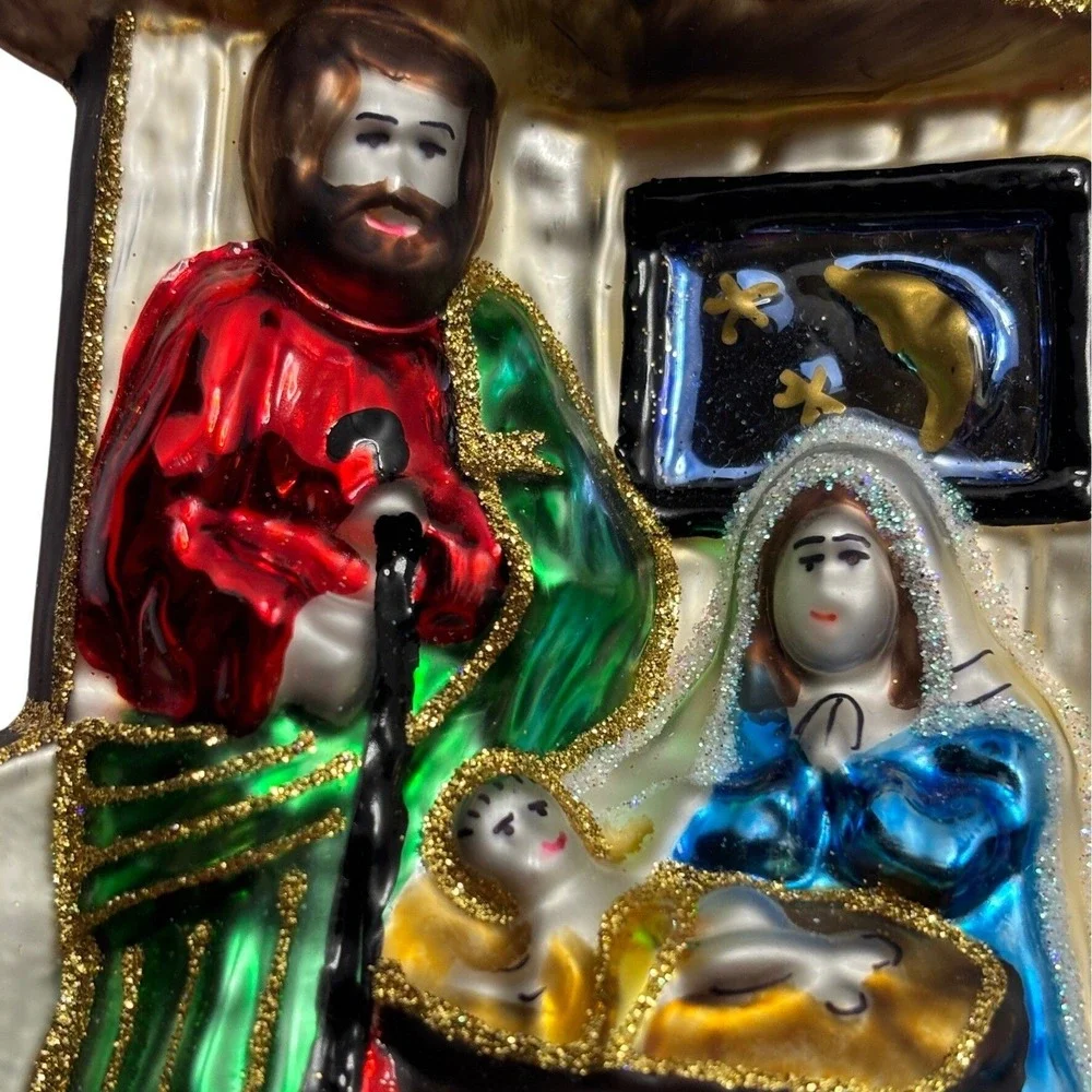 Hand Crafted Poland Glass Nativity Scene‎ Christmas Ornament Holy Family Stable